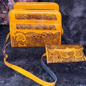 NWOT Floral Tooled Tan Leather Bag and wallet Set